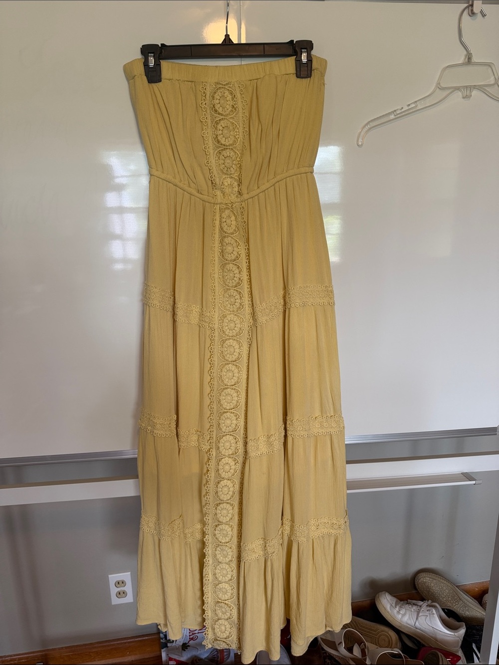 Harper Strapless Maxi Dress in Soft Yellow with Lace Trim